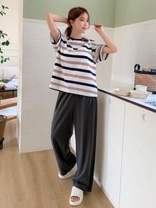 DAZY Sọc Áo thun Thả vai & Quần Bộ giản dị - Màu be - Xem 4