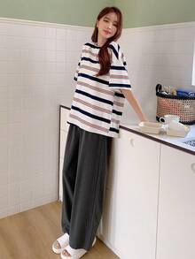 DAZY Sọc Áo thun Thả vai & Quần Bộ giản dị - Màu be - Xem 5