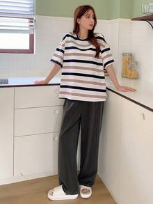 DAZY Sọc Áo thun Thả vai & Quần Bộ giản dị - Màu be - Xem 6