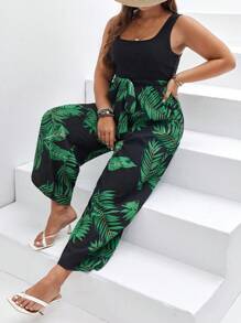 SHEIN Frenchy 大碼熱帶圖案腰帶連身褲 - 彩色 - 查看 1