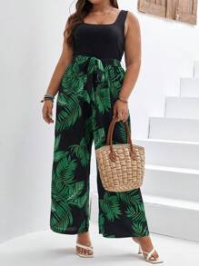 SHEIN Frenchy 大碼熱帶圖案腰帶連身褲 - 彩色 - 查看 3