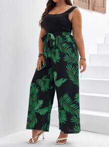 SHEIN Frenchy 大碼熱帶圖案腰帶連身褲 - 彩色 - 查看 4