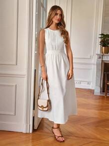 Poéselle Solid Pleated Detail Sleeveless A-line Dress - White - View 2