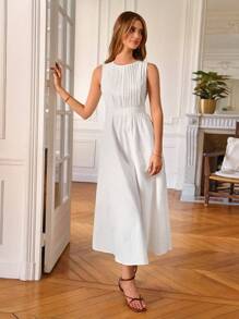 Poéselle Solid Pleated Detail Sleeveless A-line Dress - White - View 4