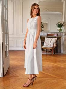 Poéselle Solid Pleated Detail Sleeveless A-line Dress - White - View 6