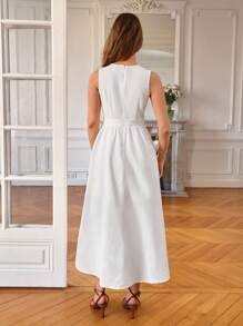 Poéselle Solid Pleated Detail Sleeveless A-line Dress - White - View 7