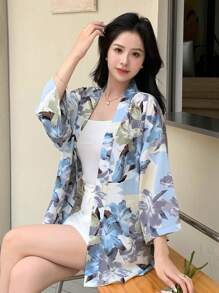 DAZY Allover Floral Drop Shoulder Oversized Blouse - Blue - View 5