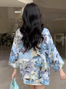 DAZY Allover Floral Drop Shoulder Oversized Blouse - Blue - View 2