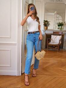 SHEIN Frenchy 鏤空蕾絲花邊素色T恤 - 白色 - 查看 6