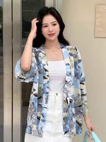 DAZY Allover Floral Drop Shoulder Oversized Blouse - Blue - View 4