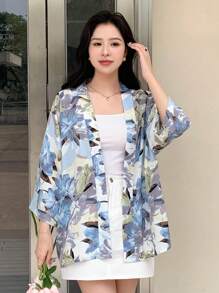 DAZY Allover Floral Drop Shoulder Oversized Blouse - Blue - View 6