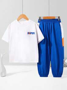男大童字母圖案T恤和褲子 - 藍白色 - 查看 1