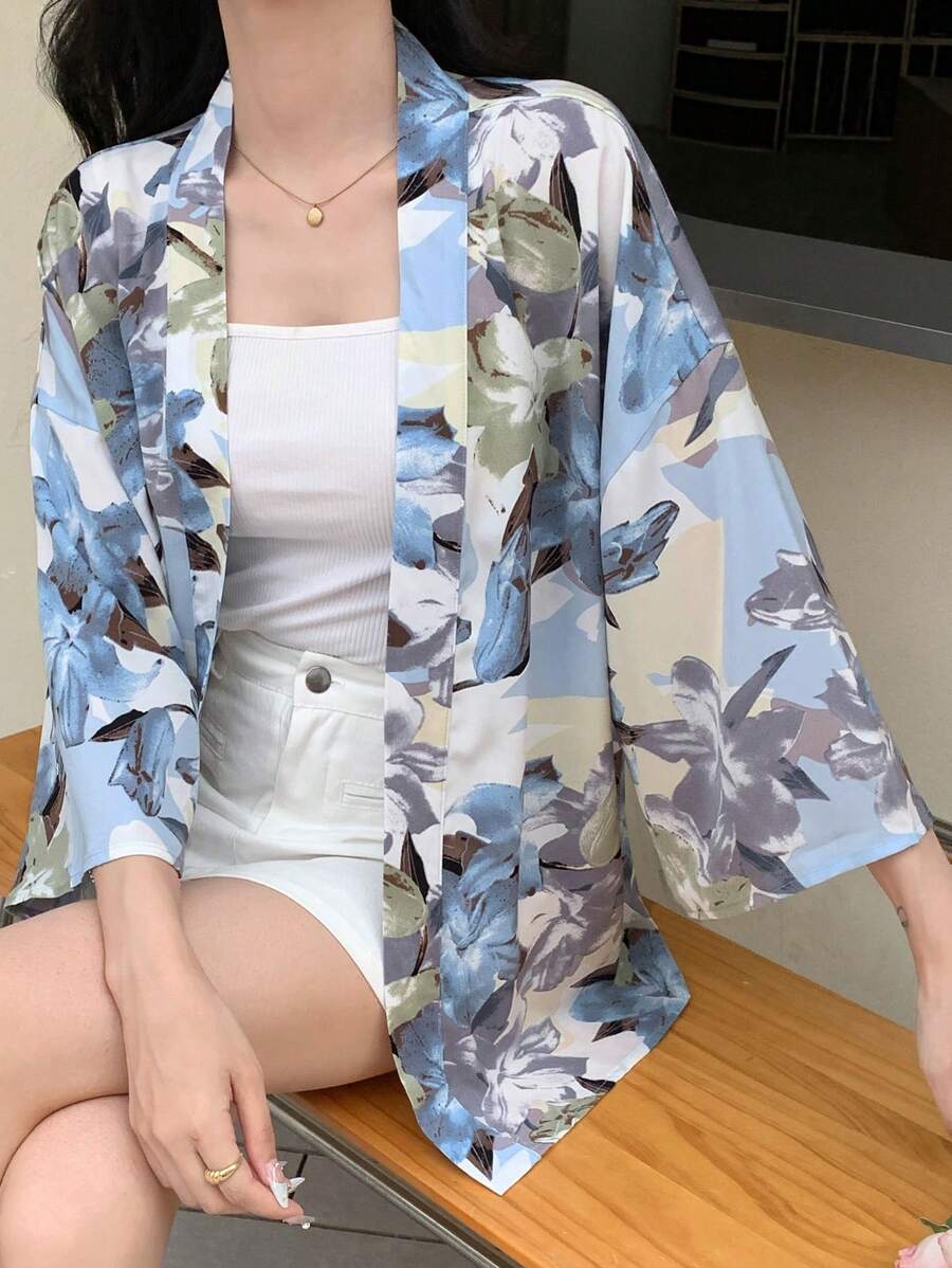 DAZY Allover Floral Drop Shoulder Oversized Blouse - Blue - View 1