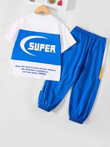 男大童字母圖案T恤和褲子 - 藍白色 - 查看 3