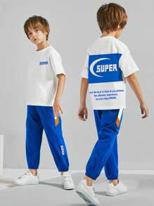男大童字母圖案T恤和褲子 - 藍白色 - 查看 5