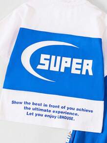 男大童字母圖案T恤和褲子 - 藍白色 - 查看 10