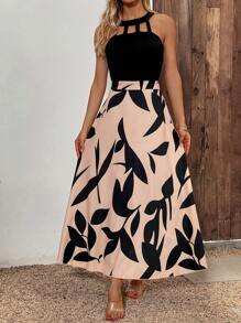 SHEIN Clasi Plants Print Cut Out Halter Neck Dress