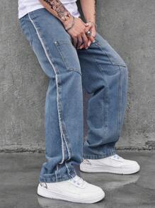 Manfinity EMRG Men Slant Pocket Contrast Tape Wide Leg Jeans - Medium Wash - View 1