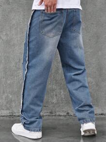 Manfinity EMRG Men Slant Pocket Contrast Tape Wide Leg Jeans - Medium Wash - View 2