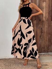 SHEIN Clasi Plants Print Cut Out Halter Neck Dress