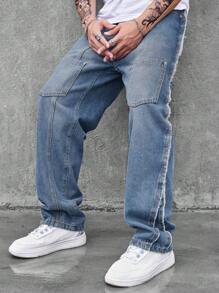 Manfinity EMRG Men Slant Pocket Contrast Tape Wide Leg Jeans - Medium Wash - View 3