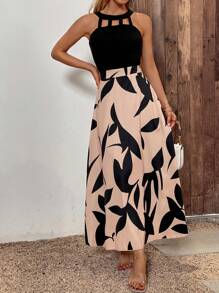 SHEIN Clasi Plants Print Cut Out Halter Neck Dress