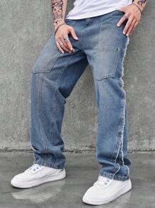 Manfinity EMRG Men Slant Pocket Contrast Tape Wide Leg Jeans - Medium Wash - View 4