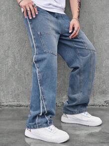Manfinity EMRG Men Slant Pocket Contrast Tape Wide Leg Jeans - Medium Wash - View 5
