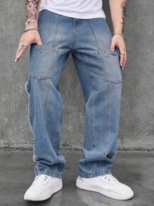 Manfinity EMRG Men Slant Pocket Contrast Tape Wide Leg Jeans - Medium Wash - View 6