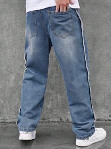 Manfinity EMRG Men Slant Pocket Contrast Tape Wide Leg Jeans - Medium Wash - View 7