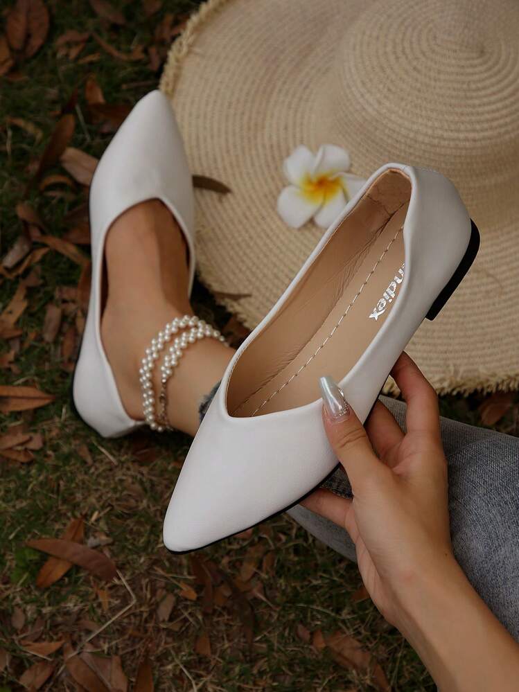 Elegantes zapatillas blancas sin cordones para mujer, zapatillas de ballet con punta en punta - Blanco - Añade 1