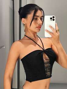 SHEIN ICON Cắt ra Ca-vát Backless Dây Knit ngọn - màu đen - Xem 5