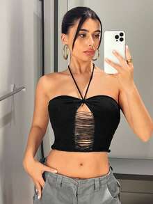 SHEIN ICON Cắt ra Ca-vát Backless Dây Knit ngọn - màu đen - Xem 6