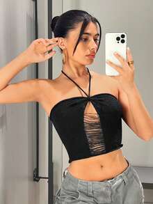 SHEIN ICON Cắt ra Ca-vát Backless Dây Knit ngọn - màu đen - Xem 7