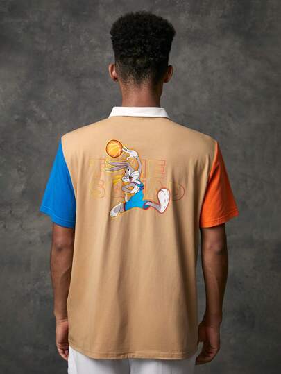 SPACE JAM: A NEW LEGACY X SHEIN 男士1入組字母和卡通圖案撞色POLO衫