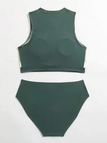 SHEIN Teen Girl Colour Block Zipper Front Bikini Swimsuit - Dark Green - View 2