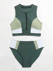 SHEIN Teen Girl Colour Block Zipper Front Bikini Swimsuit - Dark Green - View 5
