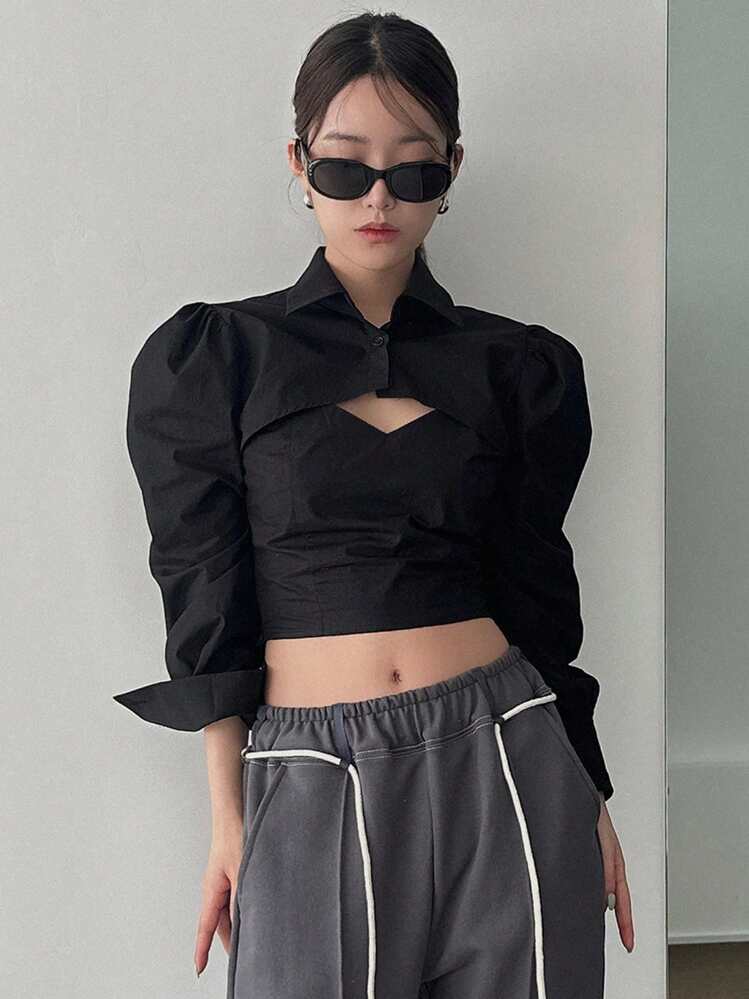 DAZY Solid Cut Out Front Crop Top & Cami Top - Black - View 1