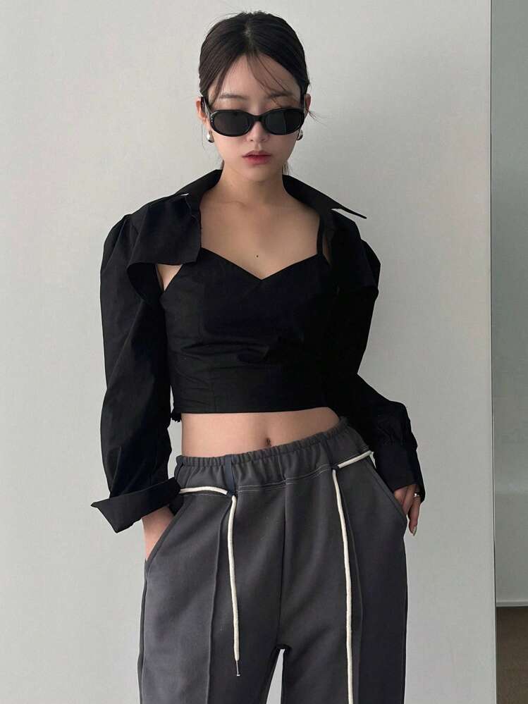 DAZY Solid Cut Out Front Crop Top & Cami Top - Black - View 2