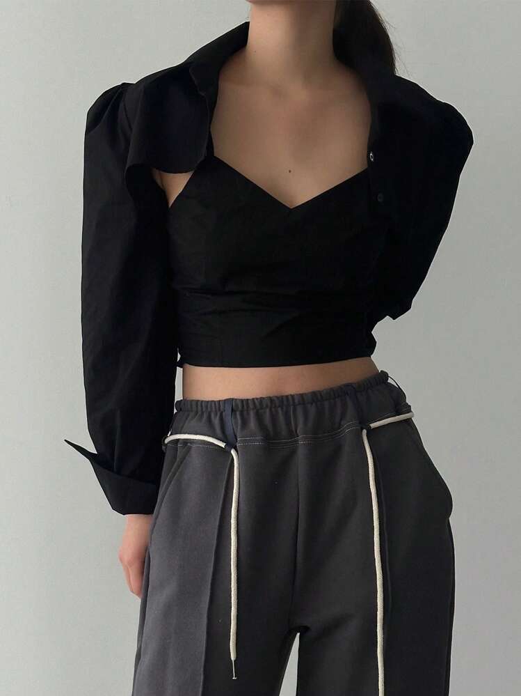DAZY Solid Cut Out Front Crop Top & Cami Top - Black - View 3