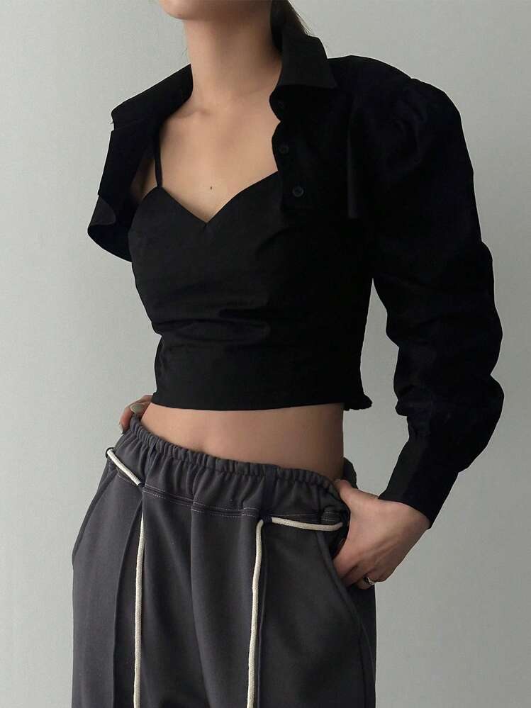 DAZY Solid Cut Out Front Crop Top & Cami Top - Black - View 5