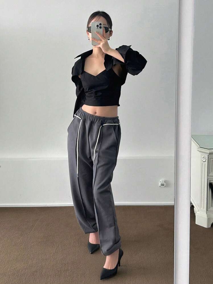 DAZY Solid Cut Out Front Crop Top & Cami Top - Black - View 7