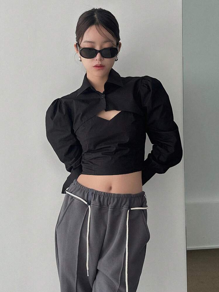 DAZY Solid Cut Out Front Crop Top & Cami Top - Black - View 9