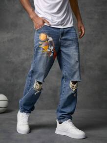 SPACE JAM: A NEW LEGACY X SHEIN Men Cartoon Graphic Ripped Straight Leg Jeans