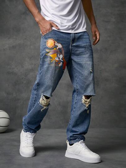 SPACE JAM: A NEW LEGACY X SHEIN Men Cartoon Graphic Ripped Straight Leg Jeans