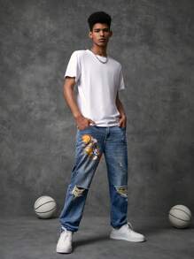 SPACE JAM: A NEW LEGACY X SHEIN Men Cartoon Graphic Ripped Straight Leg Jeans