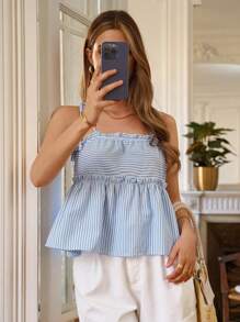 SHEIN Frenchy In sọc Lá sen tỉa Cami ngọn - Xanh và trắng - Xem 1