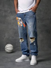 SPACE JAM: A NEW LEGACY X SHEIN Men Cartoon Graphic Ripped Straight Leg Jeans