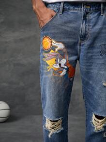 SPACE JAM: A NEW LEGACY X SHEIN Men Cartoon Graphic Ripped Straight Leg Jeans