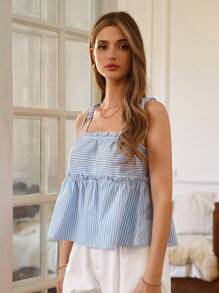 SHEIN Frenchy In sọc Lá sen tỉa Cami ngọn - Xanh và trắng - Xem 4